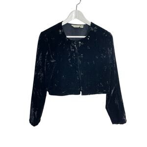 Vintage Putumayo Black Crushed Velvet Open Front Bead Sequin Cropped Jacket Sz S